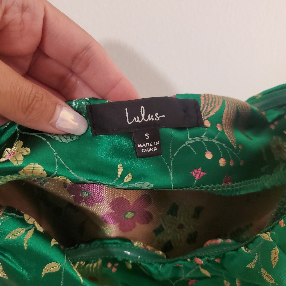 Make a Move Green Satin Floral Jacquard Strapless Midi Dress Lulus Color: Green